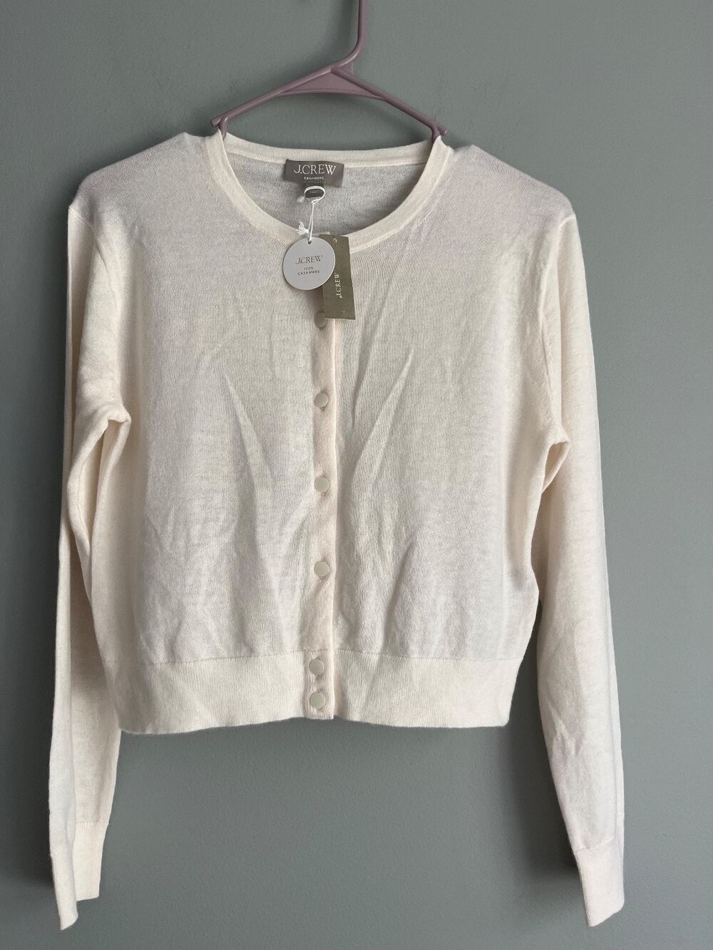 J.Crew Featherweight 100% Cashmere Cardigan Snow Ivory XS NWT $168 BZ400 Preppy